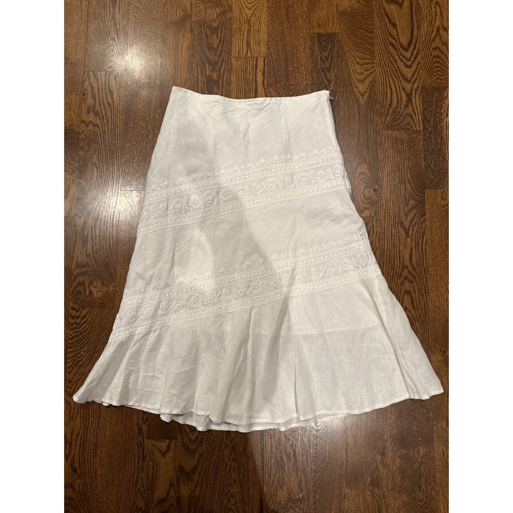 !! SOLD !! White‎ Linen Maxi Skirt Lace Embroidered Lined Boho Cottagecore 14